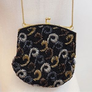 Vintage Waldborg Black Silver Gold Beaded Small Evening Bag, Chain Strap